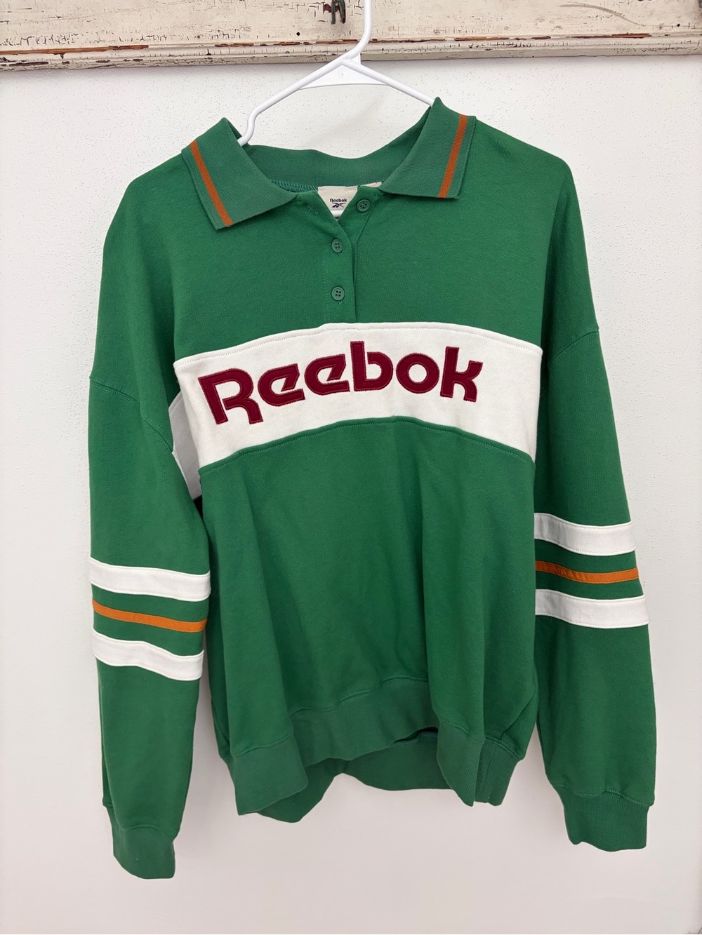 Reebok Green Crewneck Sweatshirt with White & Orange Stripe Accents